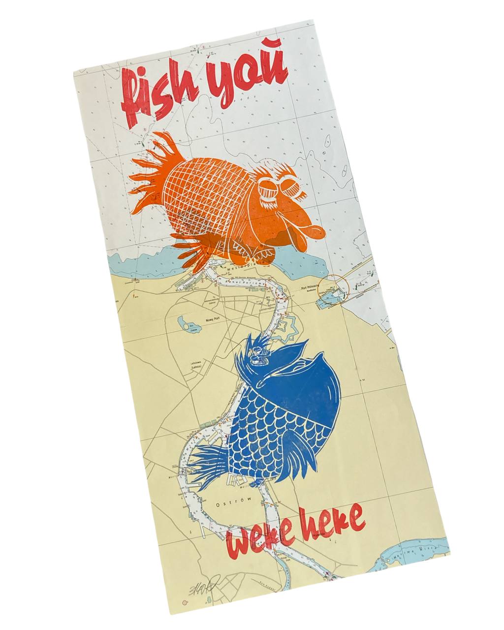 “fish you were here” Mehrfarbdruck auf Seekarte Bild 1